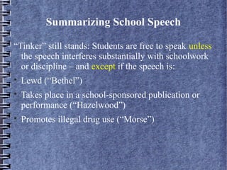 Summarizing School Speech
“Tinker” still stands: Students are free to speak unless
the speech interferes substantially with schoolwork
or discipline – and except if the speech is:





Lewd (“Bethel”)
Takes place in a school-sponsored publication or
performance (“Hazelwood”)
Promotes illegal drug use (“Morse”)

 