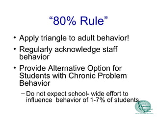 “80% Rule”
• Apply triangle to adult behavior!
• Regularly acknowledge staff
behavior
• Provide Alternative Option for
Students with Chronic Problem
Behavior
– Do not expect school- wide effort to
influence behavior of 1-7% of students.
 