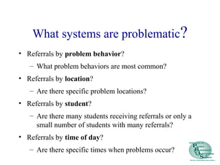 What systems are problematic?
• Referrals by problem behavior?
– What problem behaviors are most common?
• Referrals by location?
– Are there specific problem locations?
• Referrals by student?
– Are there many students receiving referrals or only a
small number of students with many referrals?
• Referrals by time of day?
– Are there specific times when problems occur?
 