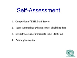 Self-Assessment
1. Completion of PBIS Staff Survey
2. Team summarizes existing school discipline data
3. Strengths, areas of immediate focus identified
4. Action plan written
 