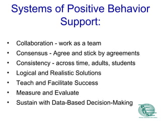 Systems of Positive Behavior
Support:
BIG IDEAS
• Collaboration - work as a team
• Consensus - Agree and stick by agreements
• Consistency - across time, adults, students
• Logical and Realistic Solutions
• Teach and Facilitate Success
• Measure and Evaluate
• Sustain with Data-Based Decision-Making
 