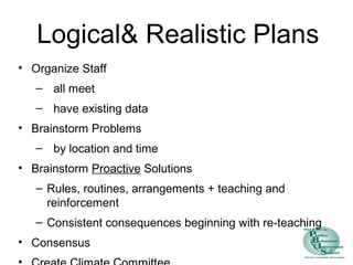 Logical& Realistic Plans
• Organize Staff
– all meet
– have existing data
• Brainstorm Problems
– by location and time
• Brainstorm Proactive Solutions
– Rules, routines, arrangements + teaching and
reinforcement
– Consistent consequences beginning with re-teaching
• Consensus
 