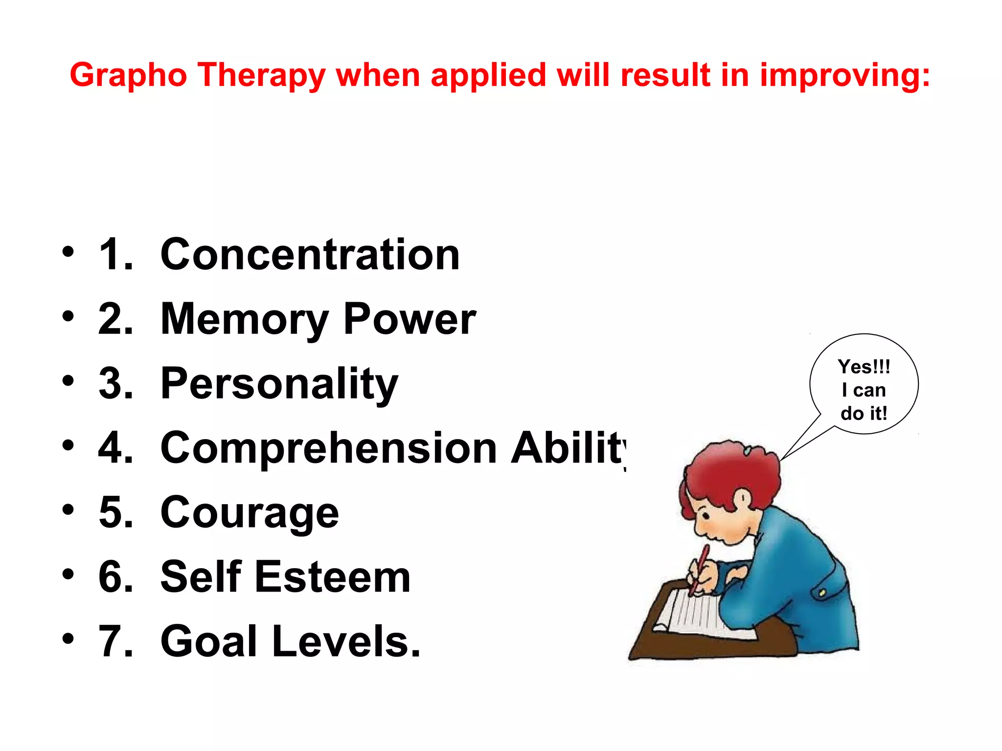 Grapho Therapy when applied will result in improving:




•   1.   Concentration
•   2.   Memory Power
•
                                               Yes!!!
    3.   Personality                           I can
                                               do it!

•   4.   Comprehension Ability
•   5.   Courage
•   6.   Self Esteem
•   7.   Goal Levels.
 