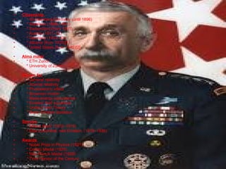 Citizenship  * Württemberg/Germany (until 1896) * Stateless (1896–1901) * Switzerland (from 1901) * Austria (1911–12) * Germany (1914–33) * Albania (from 1935)[1] * United States (from 1940)[2] Alma mater   * ETH Zurich * University of Zurich Known for   * General relativity * Special relativity * Photoelectric effect * Brownian motion * Mass-energy equivalence * Einstein field equations * Unified Field Theory * Bose–Einstein statistics Spouse  * Mileva Marić (1903–1919) * Elsa Löwenthal, née Einstein, (1919–1936) Awards  * Nobel Prize in Physics (1921) * Copley Medal (1925) * Max Planck Medal (1929) * Time Person of the Century 