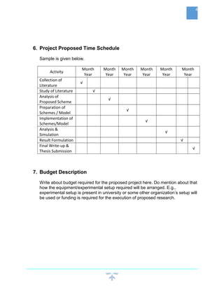 6. Project Proposed Time Schedule
Sample is given below.
Activity
Month
Year
Month
Year
Month
Year
Month
Year
Month
Year
Month
Year
Collection of
Literature
√
Study of Literature √
Analysis of
Proposed Scheme
√
Preparation of
Schemes / Model
√
Implementation of
Schemes/Model
√
Analysis &
Simulation
√
Result Formulation √
Final Write-up &
Thesis Submission
√
7. Budget Description
Write about budget required for the proposed project here. Do mention about that
how the equipment/experimental setup required will be arranged. E.g.,
experimental setup is present in university or some other organization’s setup will
be used or funding is required for the execution of proposed research.
4
 