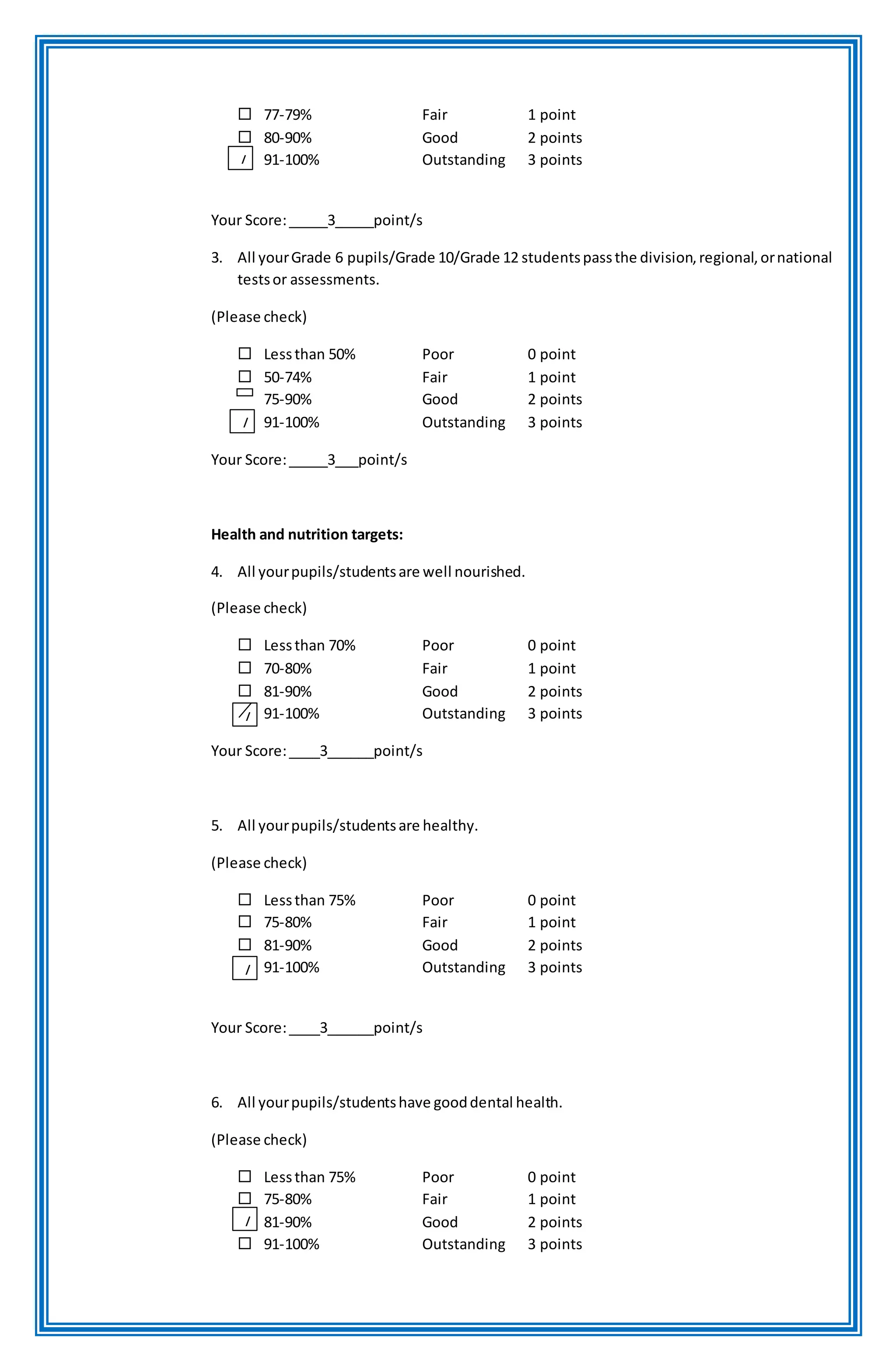  77-79% Fair 1 point
 80-90% Good 2 points
91-100% Outstanding 3 points
Your Score:_____3_____point/s
3. All yourGrade 6 pupils/Grade 10/Grade 12 studentspassthe division,regional,ornational
testsor assessments.
(Please check)
 Lessthan 50% Poor 0 point
 50-74% Fair 1 point
75-90% Good 2 points
 91-100% Outstanding 3 points
Your Score:_____3___point/s
Health and nutrition targets:
4. All yourpupils/studentsare well nourished.
(Please check)
 Lessthan 70% Poor 0 point
 70-80% Fair 1 point
 81-90% Good 2 points
91-100% Outstanding 3 points
Your Score:____3______point/s
5. All yourpupils/studentsare healthy.
(Please check)
 Lessthan 75% Poor 0 point
 75-80% Fair 1 point
 81-90% Good 2 points
91-100% Outstanding 3 points
Your Score:____3______point/s
6. All yourpupils/studentshave gooddental health.
(Please check)
 Lessthan 75% Poor 0 point
 75-80% Fair 1 point
81-90% Good 2 points
 91-100% Outstanding 3 points
/
/
/
/
/
 