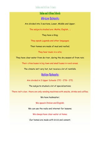 Are divided into 3 sections, Lower, Middle and Upper;

                   The subjects studied are: Maths, English… ;

                                 They have a King;

                    They speak Luganda and other languages;

                    Their homes are made of mud and roofed;

                            They hear music in a site;

    They have clear water from de river, during the dry season of from rain;

          Their cities buses in big town and small buses in rural areas;

             The climate isn’t very hot, but receive a lot of rainfalls.




                Are divided in 3 Upper Schools: ITC – ITG – ITI;

                  The subjects studied a lot of specializations;

There ins’t a bar, there are only vending machines with snacks, drinks and coffee;

                               We have hadmaster;

                          We speack Italian and English;

                 We can use the radio and internet for lessons;

                      We always have clear water at home;

                   Our homes are made with brick and cement;
 