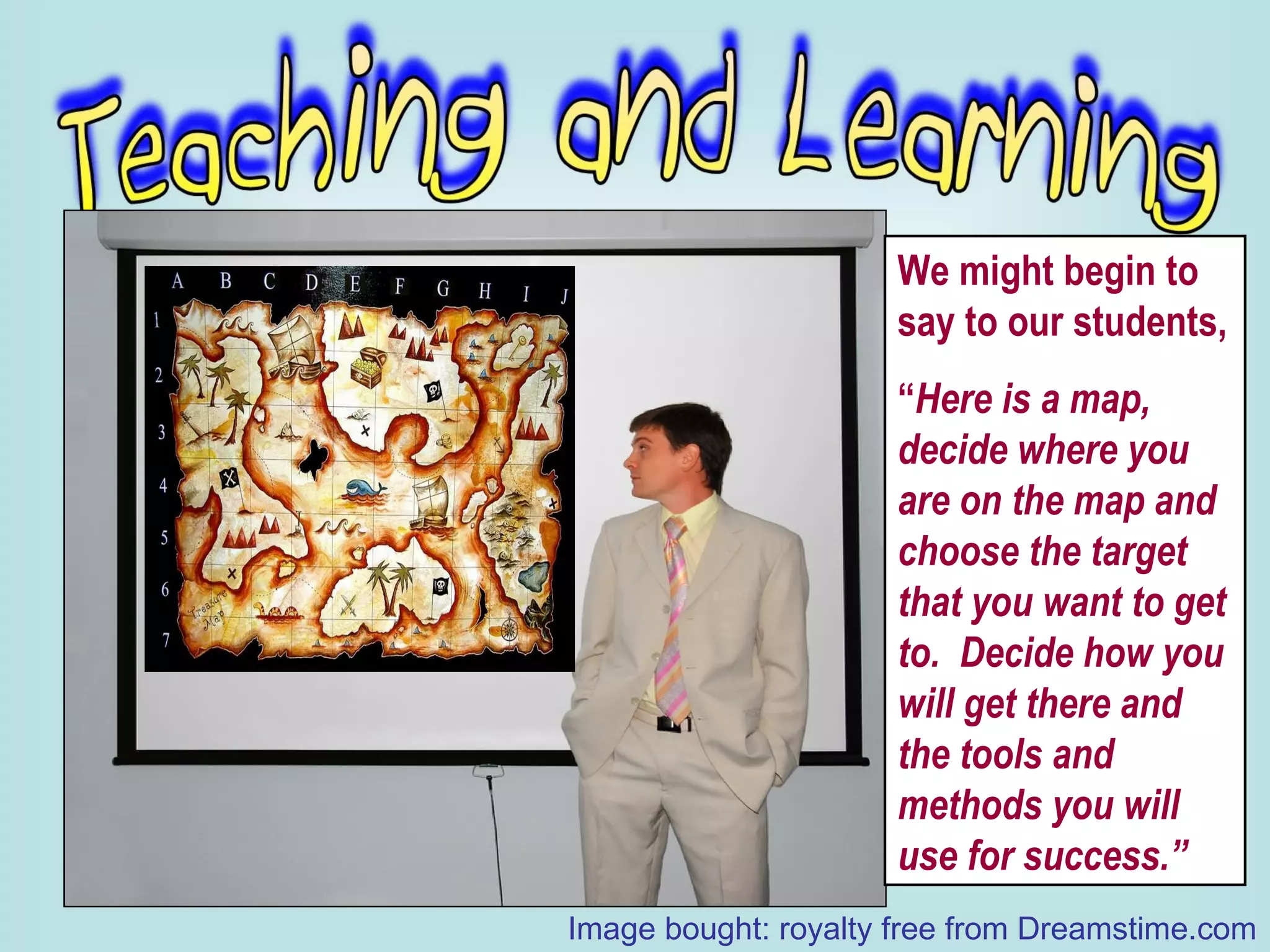 We might begin to say to our students, “ Here is a map, decide where you are on the map and choose the target that you want to get to.  Decide how you will get there and the tools and methods you will use for success.” Image bought: royalty free from Dreamstime.com 