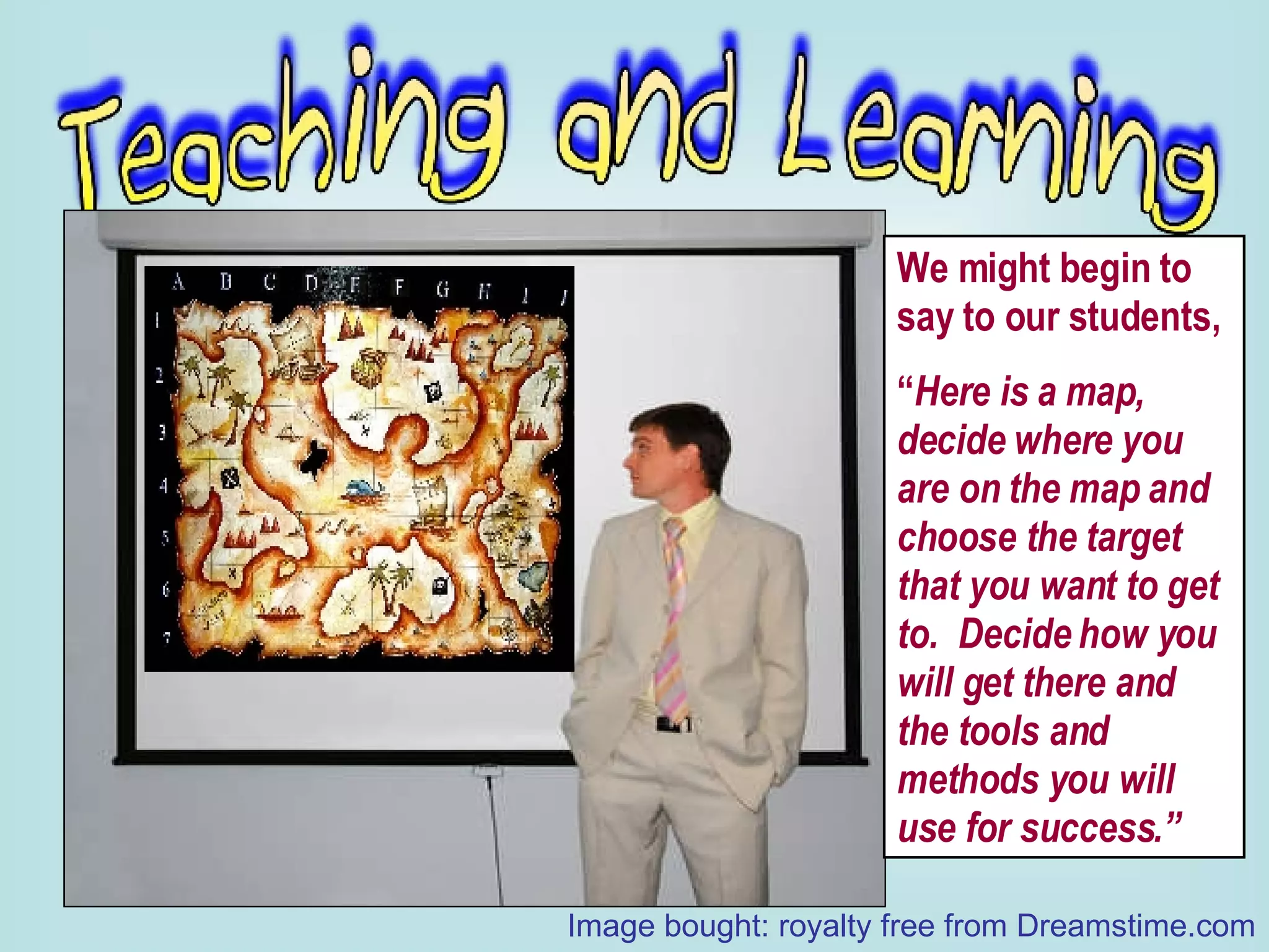 We might begin to say to our students, “ Here is a map, decide where you are on the map and choose the target that you want to get to.  Decide how you will get there and the tools and methods you will use for success.” Image bought: royalty free from Dreamstime.com 