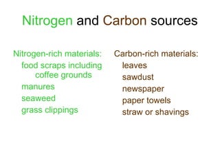 Nitrogen  and  Carbon  sources Nitrogen-rich materials: food scraps including  coffee grounds manures seaweed grass clippings Carbon-rich materials: leaves sawdust newspaper  paper towels straw or shavings 