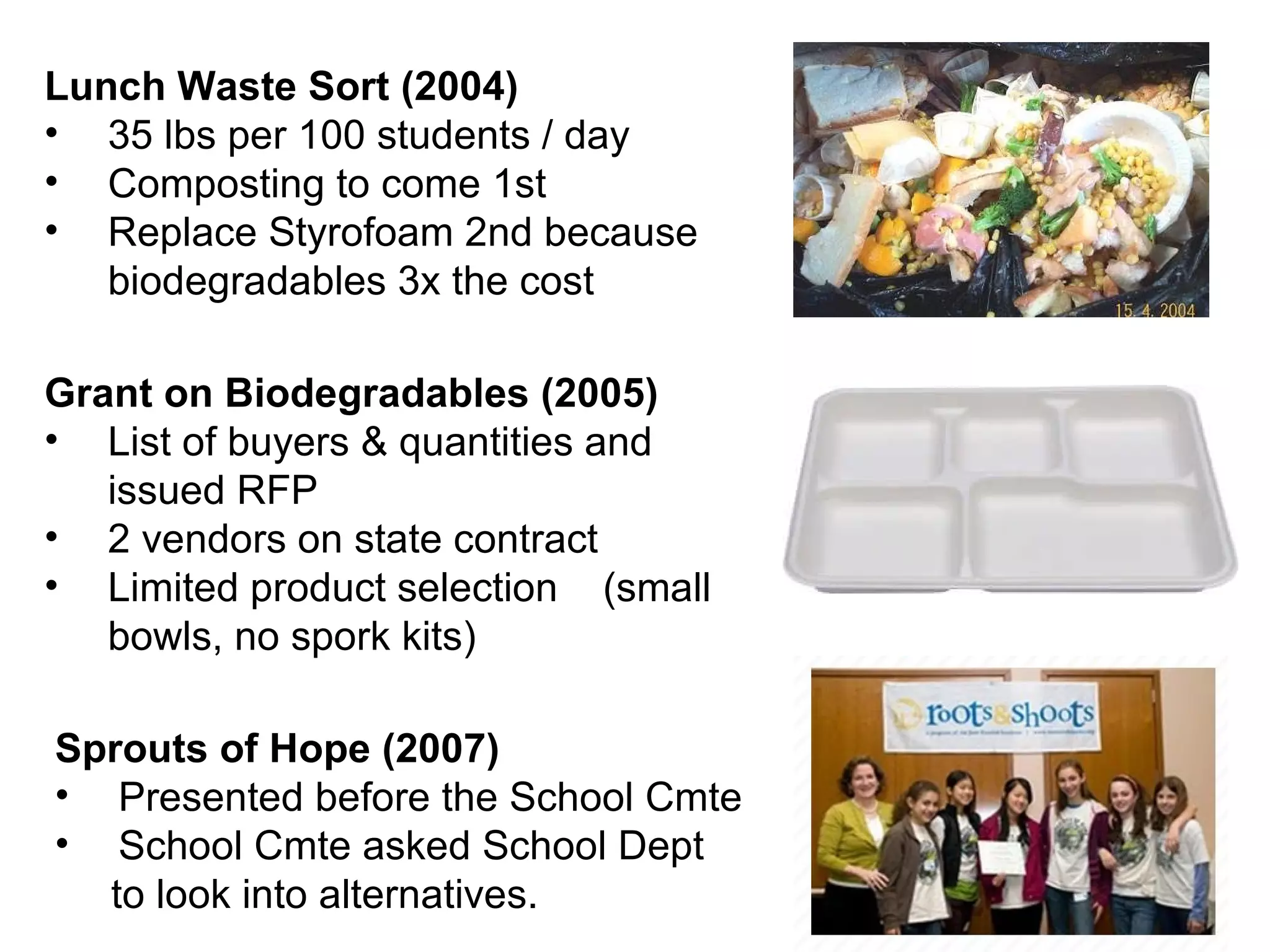 Background Lunch Waste Sort (2004) 35 lbs per 100 students / day Composting to come 1st Replace Styrofoam 2nd because biodegradables 3x the cost Grant on Biodegradables (2005) List of buyers & quantities and issued RFP 2 vendors on state contract Limited product selection  (small bowls, no spork kits) Sprouts of Hope (2007) Presented before the School Cmte School Cmte asked School Dept to look into alternatives. 