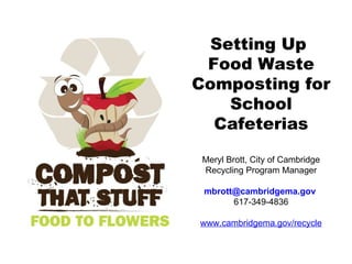 Setting Up  Food Waste Composting for School Cafeterias Meryl Brott, City of Cambridge Recycling Program Manager [email_address]   617-349-4836 www.cambridgema.gov/recycle 
