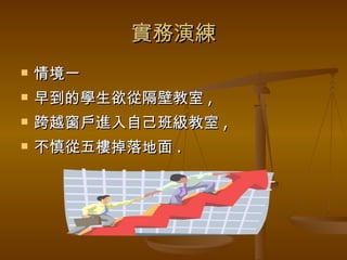 實務演練 情境一 早到的學生欲從隔壁教室 , 跨越窗戶進入自己班級教室 , 不慎從五樓掉落地面 . 