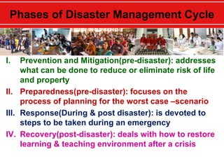 Phases of Disaster Management Cycle
I. Prevention and Mitigation(pre-disaster): addresses
what can be done to reduce or eliminate risk of life
and property
II. Preparedness(pre-disaster): focuses on the
process of planning for the worst case –scenario
III. Response(During & post disaster): is devoted to
steps to be taken during an emergency
IV. Recovery(post-disaster): deals with how to restore
learning & teaching environment after a crisis
 