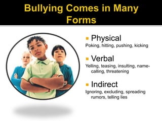    Physical
Poking, hitting, pushing, kicking


   Verbal
Yelling, teasing, insulting, name-
   calling, threatening


   Indirect
Ignoring, excluding, spreading
   rumors, telling lies
 