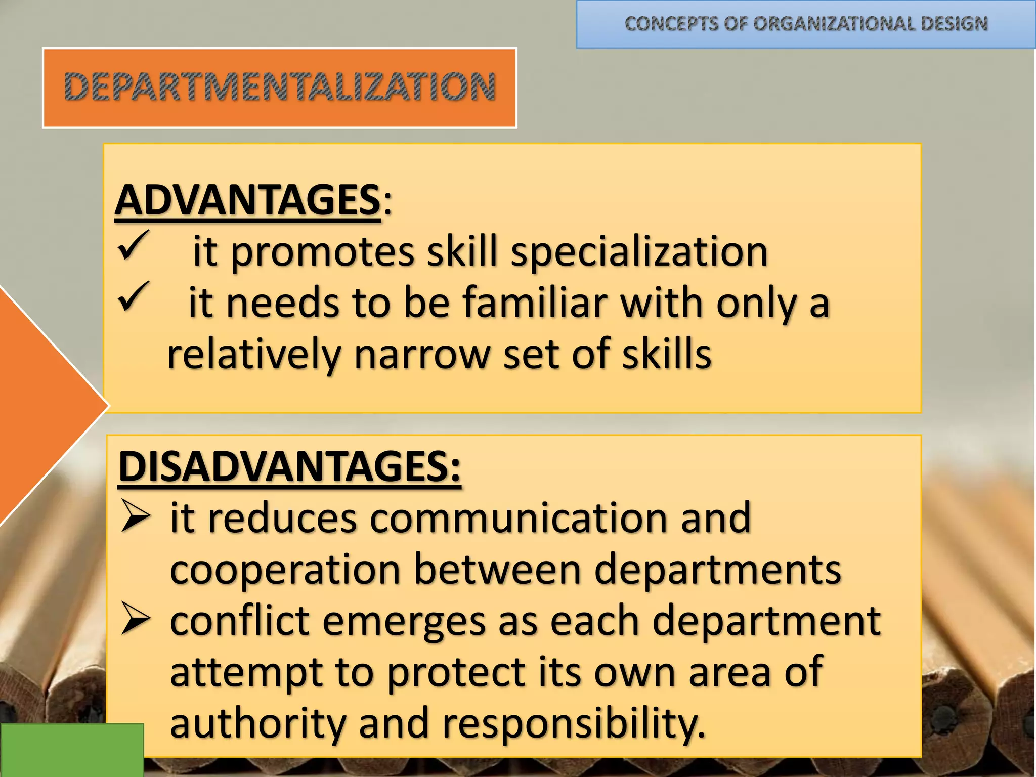 is the process of combining jobs into
ADVANTAGES: or departments
groups

 it promotes skill specialization
 it needs to be familiar with only a
JOB SIMILARITY
relatively narrow set of skills
HOMOGENOUS

HETEROGENOUS

DISADVANTAGES:
 it reduces communication and
cooperation between departments
 conflict emerges as each department
attempt to protect its own area of
authority and responsibility.

 