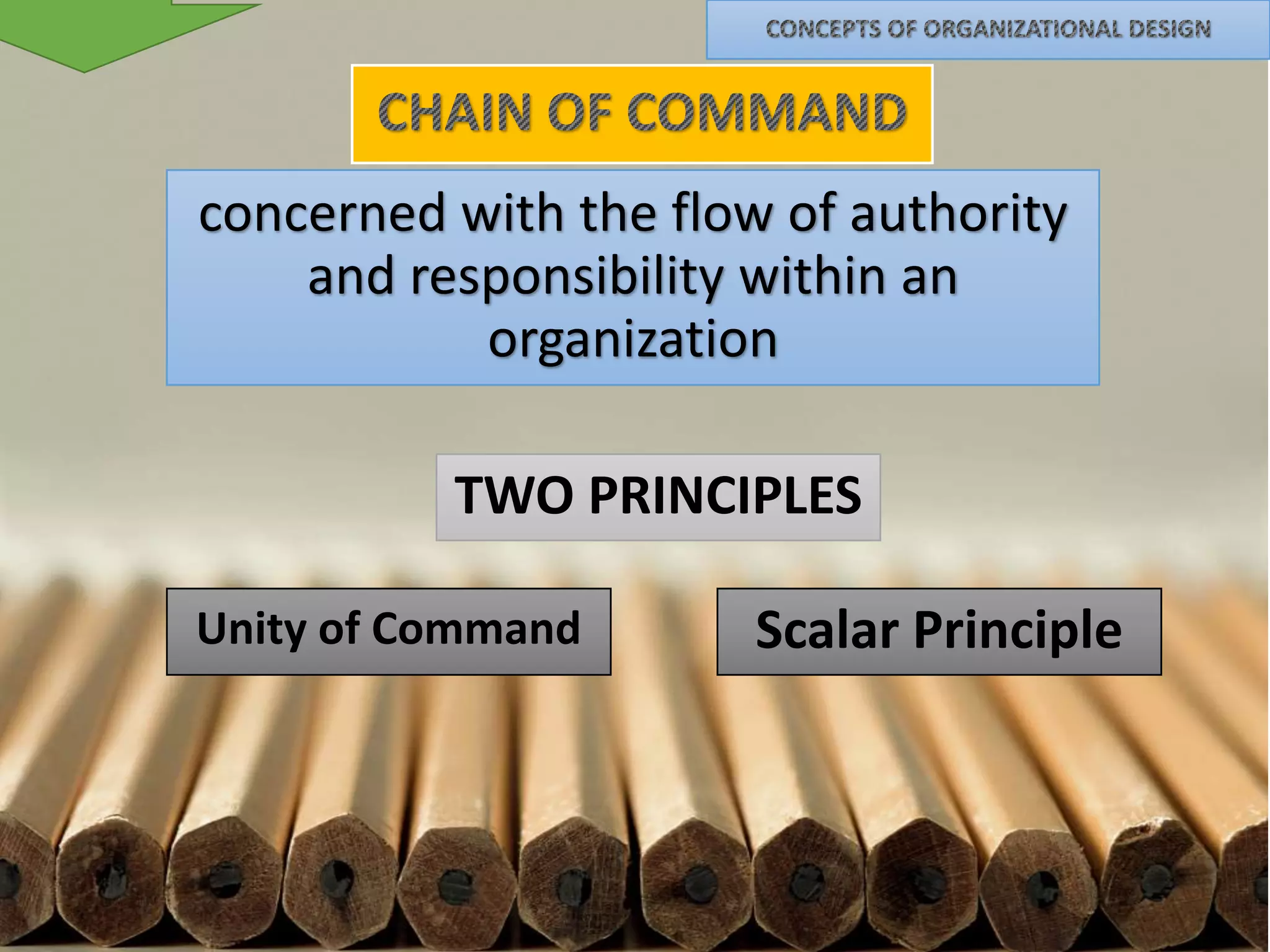 concerned with the flow of authority
and responsibility within an
organization
TWO PRINCIPLES
Unity of Command

Scalar Principle

 