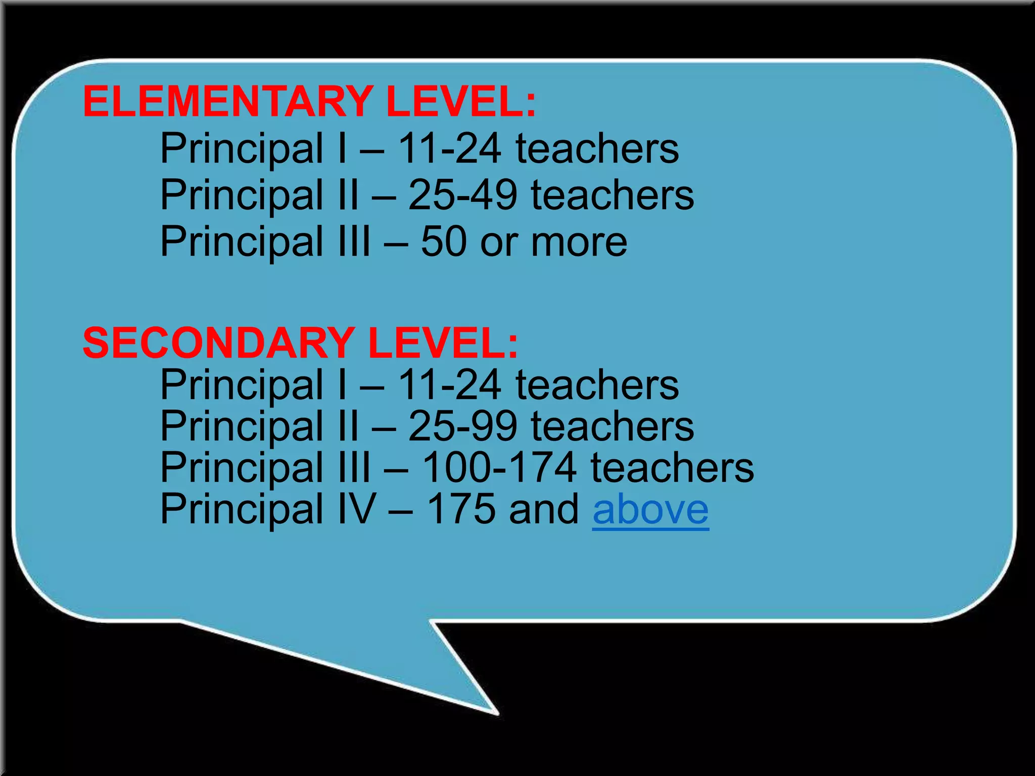 ELEMENTARY LEVEL:
Principal I – 11-24 teachers
Principal II – 25-49 teachers
Principal III – 50 or more
SECONDARY LEVEL:
Principal I – 11-24 teachers
Principal II – 25-99 teachers
Principal III – 100-174 teachers
Principal IV – 175 and above

 