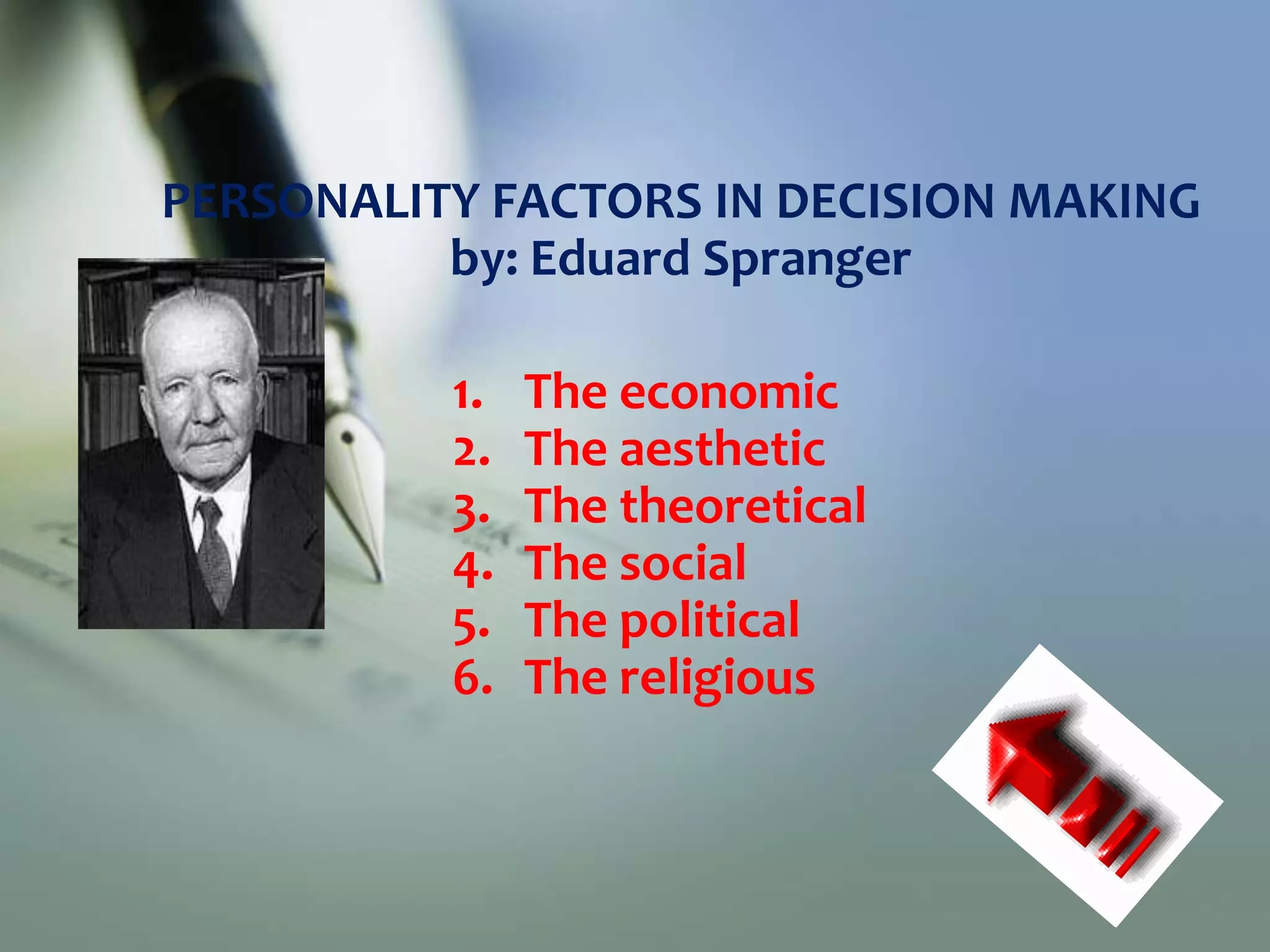 PERSONALITY FACTORS IN DECISION MAKING
by: Eduard Spranger
1.
2.
3.
4.
5.
6.

The economic
The aesthetic
The theoretical
The social
The political
The religious

 
