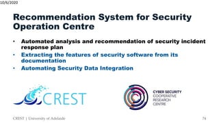 Recommendation System for Security
Operation Centre
• Automated analysis and recommendation of security incident
response ...