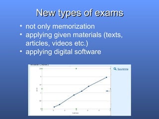 New types of examsNew types of exams
• not only memorization
• applying given materials (texts,
articles, videos etc.)
• applying digital software
 