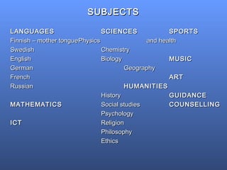 SUBJECTSSUBJECTS
LANGUAGESLANGUAGES SCIENCESSCIENCES SPORTSSPORTS
Finnish – mother tongueFinnish – mother tonguePhysicsPhysics and healthand health
SwedishSwedish ChemistryChemistry
EnglishEnglish BiologyBiology MUSICMUSIC
GermanGerman GeographyGeography
FrenchFrench ARTART
RussianRussian HUMANITIESHUMANITIES
HistoryHistory GUIDANCEGUIDANCE
MATHEMATICSMATHEMATICS Social studiesSocial studies COUNSELLINGCOUNSELLING
PsychologyPsychology
ICTICT ReligionReligion
PhilosophyPhilosophy
EthicsEthics
 