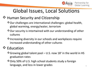 Global Issues, Local Solutions
 Human Security and Citizenship
   Our challenges are international challenges: global health,
    global warming, energy/water, terrorism
   Our security is intertwined with our understanding of other
    cultures
   Increasing diversity in our schools and workplaces require
    increased understanding of other cultures
 Education
   Growing global talent pool – U.S. now 18th in the world in HS
    graduation rates
   Only 50% of U.S. high school students study a foreign
    language, and less in lower grades                              9
 