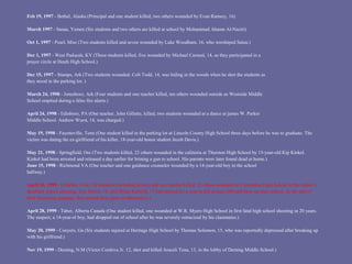 Feb 19, 1997 - Bethel, Alaska (Principal and one student killed, two others wounded by Evan Ramsey, 16)

March 1997 - Sanaa, Yemen (Six students and two others are killed at school by Mohammad Ahamn Al-Naziri)

Oct 1, 1997 - Pearl, Miss (Two students killed and seven wounded by Luke Woodham, 16, who worshiped Satan.)

Dec 1, 1997 - West Paducah, KY (Three students killed, five wounded by Michael Carneal, 14, as they participated in a
prayer circle at Heath High School.)

Dec 15, 1997 - Stamps, Ark (Two students wounded. Colt Todd, 14, was hiding in the woods when he shot the students as
they stood in the parking lot. )

March 24, 1998 - Jonesboro, Ark (Four students and one teacher killed, ten others wounded outside as Westside Middle
School emptied during a false fire alarm.)

April 24, 1998 - Edinboro, PA (One teacher, John Gillette, killed, two students wounded at a dance at james W. Parker
Middle School. Andrew Wurst, 14, was charged.)

May 19, 1998 - Fayetteville, Tenn (One student killed in the parking lot at Lincoln County High School three days before he was to graduate. The
victim was dating the ex-girlfriend of his killer, 18-year-old honor student Jacob Davis.)

May 21, 1998 - Springfield, Ore (Two students killed, 22 others wounded in the cafeteria at Thurston High School by 15-year-old Kip Kinkel.
Kinkel had been arrested and released a day earlier for brining a gun to school. His parents were later found dead at home.)
June 15, 1998 - Richmond VA (One teacher and one guidance counselor wounded by a 14-year-old boy in the school
hallway.)

April 20, 1999 - Littleton, Colo (14 students (including killers) and one teacher killed, 23 others wounded at Columbine High School in the nation’s
deadliest school shooting. Eric Harris, 18, and Dylan Klebold, 17 had plotted for a year to kill at least 500 and blow up their school. At the end of
their hour-long rampage, they turned their guns on themselves.)

April 28, 1999 - Taber, Alberta Canada (One student killed, one wounded at W.R. Myers High School in first fatal high school shooting in 20 years.
The suspect, a 14-year-ol boy, had dropped out of school after he was severely ostracized by his classmates.)

May 20, 1999 - Conyers, Ga (Six students injured at Heritage High School by Thomas Solomon, 15, who was reportedly depressed after breaking up
with his girlfriend.)

Nov 19, 1999 - Deming, N.M (Victor Cordova Jr. 12, shot and killed Araceli Tena, 13, in the lobby of Deming Middle School.)
 