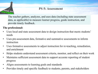 PS 5: Assessment
The professional:
• Uses local and state assessment data to design instruction that meets students’
needs
• Uses pre-assessment data, formative and summative assessments to inform
instruction
• Uses formative assessments to adjust instruction for re-teaching, remediation,
and enrichment
• Helps students understand assessment criteria, monitor, and reflect on their work
• Maintains sufficient assessment data to support accurate reporting of student
progress
• Aligns assessments to learning goals and standards
• Provides timely and specific feedback to students, parents, and stakeholders
The teacher gathers, analyzes, and uses data (including state assessment
data, as applicable) to measure learner progress, guide instruction, and
provide timely feedback.
 