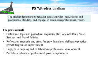 PS 7:Professionalism
The professional:
• Follows all legal and procedural requirements: Code of Ethics, State
Statutes, and Board Policies
• Reflects on strengths and areas for growth and sets deliberate practice
growth targets for improvement
• Engages in ongoing and collaborative professional development
• Provides evidence of professional growth experiences
The teacher demonstrates behavior consistent with legal, ethical, and
professional standards and engages in continuous professional growth.
 