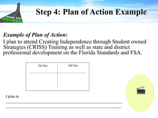 Step 4: Plan of Action Example
Example of Plan of Action:
I plan to attend Creating Independence through Student owned
Strategies (CRISS) Training as well as state and district
professional development on the Florida Standards and FSA.
On Site Off Site
I plan to
___________________________________________________________
__________________________________________________________.
 