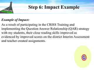 Step 6: Impact Example
Example of Impact:
As a result of participating in the CRISS Training and
implementing the Question Answer Relationship (QAR) strategy
with my students, their close reading skills improved as
evidenced by improved scores on the district Interim Assessment
and teacher created assignments.
 