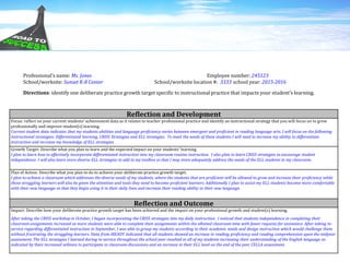 Reflection and Development
Focus: reflect on your current students’ achievement data as it relates to teacher professional practice and identify an instructional strategy that you will focus on to grow
professionally and improve student(s) learning.
Current student data indicates that my students abilities and language proficiency varies between emergent and proficient in reading language arts. I will focus on the following
instructional strategies: Differentiated learning, CRISS Strategies and ELL strategies. To meet the needs of these students I will need to increase my ability to differentiate
instruction and increase my knowledge of ELL strategies.
Growth Target: Describe what you plan to learn and the expected impact on your students’ learning.
I plan to learn how to effectively incorporate differentiated instruction into my classroom routine instruction. I also plan to learn CRISS strategies to encourage student
independence. I will also learn more diverse ELL strategies to add to my toolbox so that I may more adequately address the needs of the ELL students in my classroom.
Plan of Action: Describe what you plan to do to achieve your deliberate practice growth target.
I plan to achieve a classroom which addresses the diverse needs of my students, where the students that are proficient will be allowed to grow and increase their proficiency while
those struggling learners will also be given the attention and tools they need to become proficient learners. Additionally I plan to assist my ELL students become more comfortable
with their new language so that they begin using it in their daily lives and increase their reading ability in their new language.
Reflection and Outcome
Impact: Describe how your deliberate practice growth target has been achieved and the impact on your professional growth and student(s) learning.
After taking the CRISS workshop in October, I began incorporating the CRISS strategies into my daily instruction. I noticed that students independence in completing their
classroom assignments increased as more students were able to complete their assignments within the allotted classroom time with fewer requests for assistance. After taking in-
service regarding differentiated instruction in September, I was able to group my students according to their academic needs and design instruction which would challenge them
without frustrating the struggling learners. Data from iREADY indicated that all students showed an increase in reading proficiency and reading comprehension upon the midyear
assessment. The ELL strategies I learned during in-service throughout the school year resulted in all of my students increasing their understanding of the English language as
indicated by their increased wiliness to participate in classroom discussions and an increase in their ELL level on the end of the year CELLA assessment.
Professional’s name: Ms. Jones Employee number: 245123
School/worksite: Sunset K-8 Center School/worksite location #: 3333 school year: 2015-2016
Directions: identify one deliberate practice growth target specific to instructional practice that impacts your student’s learning.
 
