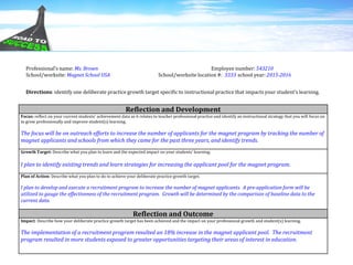 Reflection and Development
Focus: reflect on your current students’ achievement data as it relates to teacher professional practice and identify an instructional strategy that you will focus on
to grow professionally and improve student(s) learning.
The focus will be on outreach efforts to increase the number of applicants for the magnet program by tracking the number of
magnet applicants and schools from which they came for the past three years, and identify trends.
Growth Target: Describe what you plan to learn and the expected impact on your students’ learning.
I plan to identify existing trends and learn strategies for increasing the applicant pool for the magnet program.
Plan of Action: Describe what you plan to do to achieve your deliberate practice growth target.
I plan to develop and execute a recruitment program to increase the number of magnet applicants. A pre-application form will be
utilized to gauge the effectiveness of the recruitment program. Growth will be determined by the comparison of baseline data to the
current data.
Reflection and Outcome
Impact: Describe how your deliberate practice growth target has been achieved and the impact on your professional growth and student(s) learning.
The implementation of a recruitment program resulted an 18% increase in the magnet applicant pool. The recruitment
program resulted in more students exposed to greater opportunities targeting their areas of interest in education.
Professional’s name: Ms. Brown Employee number: 543210
School/worksite: Magnet School USA School/worksite location #: 3333 school year: 2015-2016
Directions: identify one deliberate practice growth target specific to instructional practice that impacts your student’s learning.
 