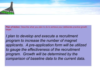 Plan of Action: Describe what you plan to do to achieve your deliberate practice growth
target.
I plan to develop and execute a recruitment
program to increase the number of magnet
applicants. A pre-application form will be utilized
to gauge the effectiveness of the recruitment
program. Growth will be determined by the
comparison of baseline data to the current data.
 