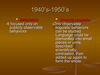 1940’s-1950’s


Behaviorism

-It focused only on
publicly observable
behaviors



Structural Linguistics

-Only observable

linguistic behaviors
can be studied.
Language could be
dismantled into small
pieces or units,
described
scientifically,
contrasted, then
added up again to
form the whole.

 