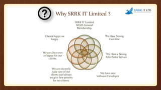 Why SRRK IT Limited ?
SRRK IT Limited
BASIS General
Membership.
We Have Strong
Care line
We Have a Strong
After Sales Service
We have own
Software Developer
We are sincerely
take care of our
clients and always
we give first priority
for our clients.
We are always try
to happy for our
clients.
Clients happy we
happy.
 
