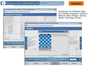 Architecture, Art, Childhood, Daily Life, Ecology, Exploration, Literature, Medicine, Music, Religion, Science, Sports, Technology, Women Timelines 