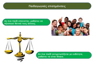 Αν ένα παιδί επαινείται, μαθαίνει να
αξιολογεί θετικά τους άλλους.
Αν ένα παιδί αντιμετωπίζεται με ευθύτητα,
μαθαίνει να είναι δίκαιο.
Παιδαγωγικές επισημάνσεις
 