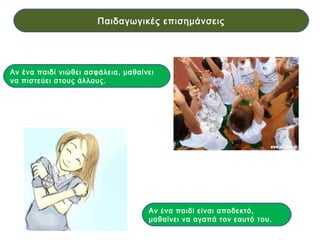 Παιδαγωγικές επισημάνσεις
Αν ένα παιδί νιώθει ασφάλεια, μαθαίνει
να πιστεύει στους άλλους.
Αν ένα παιδί είναι αποδεκτό,
μαθαίνει να αγαπά τον εαυτό του.
 
