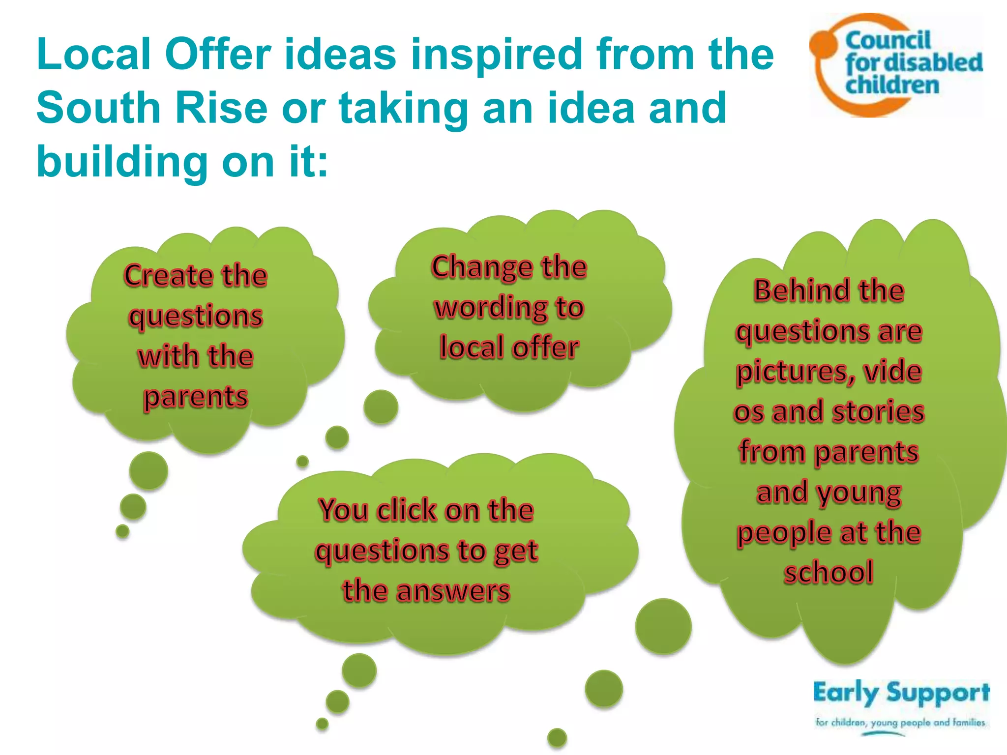 Local Offer ideas inspired from the
South Rise or taking an idea and
building on it:

 
