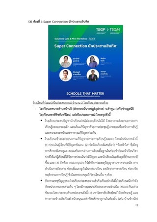 18
(3) ห้องที่ 3 Super Connection นักประสานสิบทิศ
โรงเรียนที่ร่วมแบ่งปันประสบการณ์ จำนวน 2 โรงเรียน ประกอบด้วย
- โรงเรียนเทศบาลตำบลบ้านธิ (ป่าตาลหมื่นราษฎร์อุปการ) จ.ลำพูน (เครือข่ายมูลนิธิ
โรงเรียนสตาร์ฟิชคันทรีโฮม) แบ่งปันประสบการณ์ โดยสรุปดังนี้
▪ โรงเรียนประสบปัญหานักเรียนอ่านไม่ออกเขียนไม่ได้ จึงพยายามติดตามภาวะการ
เรียนรู้ถดถอยของเด็ก และเริ่มแก้ปัญหาด้วยการประชุมผู้ปกครองเพื่อสร้างการรับรู้
และความตระหนักและหาทางแก้ปัญหาร่วมกัน
▪ โรงเรียนสร้างกระบวนการแก้ปัญหาภาวะการเรียนรู้ถดถอย โดยดำเนินการดังนี้
(1) ประเมินผู้เรียนที่มีปัญหาชัดเจน (2) จัดห้องเรียนพิเศษชื่อว่า “ห้องฟ้าใส” ซึ่งมีครู
การศึกษาพิเศษดูแล สอนเสริมการอ่านการเขียนพื้นฐานในช่วงเช้าก่อนเข้าเรียนวิชา
ปกติให้แก่ผู้เรียนที่ได้รับการประเมินว่ามีปัญหา และนักเรียนมีผลสัมฤทธิ์ด้านภาษาดี
ขึ้น และ (3) จัดห้อง makerspace ไว้ทำกิจกรรมพหุปัญญาตามหาความถนัด การ
ดำเนินการดังกล่าว ช่วยเพิ่มแรงจูงใจในการมาเรียน ลดอัตราการขาดเรียน ช่วยปรับ
พฤติกรรมการเรียนรู้ ซึ่งมีผลครอบคลุมถึงวิชาเรียนอื่น ๆ ด้วย
▪ กิจกรรมพหุปัญญาของโรงเรียนประสบความสำเร็จเป็นอย่างดีเมื่อโรงเรียนผนึกกำลัง
กับหน่วยงานภาคส่วนอื่น ๆ โดยมีการลงนามข้อตกลงความร่วมมือ (MoU) กันอย่าง
ชัดเจน โดยประกอบด้วยหน่วยงานดังนี้ (1) มหาวิทยาลัยเชียงใหม่ ให้องค์ความรู้ แนว
ทางการสร้างผลิตภัณฑ์ สนับสนุนแหล่งทัศนศึกษาดูงานในท้องถิ่น (เช่น บ้านช้างนัก)
 