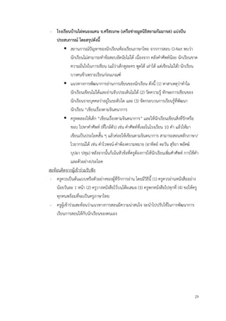 29
- โรงเรียนบ้านไผ่หนองแคน จ.ศรีสะเกษ (เครือข่ายมูลนิธิสยามกัมมาจล) แบ่งปัน
ประสบการณ์ โดยสรุปดังนี้
▪ สถานการณ์ปัญหาของนักเรียนห้องเรียนภาษาไทย จากการสอบ O-Net พบว่า
นักเรียนไม่สามารถทำข้อสอบอัตนัยไม่ได้ เนื่องจาก คลังคำศัพท์น้อย นักเรียนขาด
ความมั่นใจในการเขียน (แม้ว่าเด็กดูละคร พูดได้ เล่าได้ แต่เขียนไม่ได้) นักเรียน
บางคนช้าเพราะเรียนก่อนเกณฑ์
▪ แนวทางการพัฒนาการอ่านการเขียนของนักเรียน ดังนี้ (1) หาสาเหตุว่าทำไม
นักเรียนเขียนไม่ได้และอ่านจับประเด็นไม่ได้ (2) วัดความรู้ ทักษะการเขียนของ
นักเรียนรายบุคคลว่าอยู่ในระดับใด และ (3) จัดกระบวนการเรียนรู้ที่พัฒนา
นักเรียน “เขียนเรื่องตามจินตนาการ
▪ ครูทดลองให้เด็ก “เขียนเรื่องตามจินตนาการ” และให้นักเรียนเขียนสิ่งที่รักหรือ
ชอบ ไปหาคำศัพท์ (ที่ใกล้ตัว) เช่น คำศัพท์ที่เจอในโรงเรียน 10 คำ แล้วให้มา
เขียนเป็นประโยคสั้น ๆ แล้วค่อยให้เขียนตามจินตนาการ สามารถสอนหลักภาษา/
ไวยากรณ์ได้ เช่น คำไวพจน์-คำพ้องความหมาย (อาทิตย์ ตะวัน สุริยา พยัคฆ์
บุปผา ปทุม) หลังจากนั้นก็เน้นหัวข้อที่ครูต้องการให้นักเรียนเพิ่มศำศัพท์ การใช้คำ
และตัวอย่างประโยค
สะท้อนคิดจากผู้เข้าร่วมรับฟัง
- ครูควรเป็นต้นแบบหรือตัวอย่างของผู้ที่รักการอ่าน โดยมีวิธีนี้ (1) ครูควรอ่านหนังสืออย่าง
น้อยวันละ 1 หน้า (2) ครูวางหนังสือไว้บนโต๊ะเสมอ (3) ครูพกหนังสือไปทุกที่ (4) ขอให้ครู
ทุกคนพร้อมที่จะเป็นครูภาษาไทย
- ครูผู้เข้าร่วมสะท้อนว่าแนวทางการสอนมีความน่าสนใจ จะนำไปปรับใช้ในการพัฒนาการ
เรียนการสอนให้กับนักเรียนของตนเอง
 