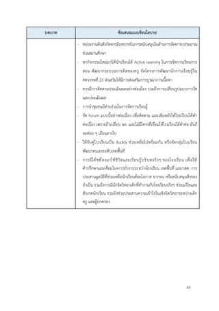 64
บทบาท ข้อเสนอแนะเชิงนโยบาย
- หน่วยงานต้นสังกัดควรมีบทบาทในการสนับสนุนในด้านการจัดหางบประมาณ
ช่วยสถานศึกษา
- หากิจกรรมใหม่มาให้นักเรียนได้ Active learning ในการจัดการเรียนการ
สอน พัฒนากระบวนการคิดของครู จัดโครงการพัฒนานักการเรียนรู้ใน
ศตวรรษที่ 21 ส่งเสริมให้มีการส่งเสริมการบูรณาการเนื้อหา
- ควรมีการติดตามประเมินผลอย่างต่อเนื่อง รวมถึงการเปลี่ยนรูปแบบการวัด
และประเมินผล
- การนำชุมชนมีส่วนร่วมในการจัดการเรียนรู้
- จัด forum แบบนี้อย่างต่อเนื่อง เพื่อติดตาม และเติมพลังให้โรงเรียนได้ทำ
ต่อเนื่อง เพราะถ้าเปลี่ยน ผอ. และไม่มีโครงที่เชื่อมให้โรงเรียนได้ทำต่อ มันก็
จะค่อย ๆ เลือนลางไป
- ให้จับคู่โรงเรียนเป็น Buddy ช่วยเหลือไปพร้อมกัน หรือจัดกลุ่มโรงเรียน
พัฒนาตนเองระดับเขตพื้นที่
- การมีโค้ชที่ลงมาใช้ชีวิตและเรียนรู้บริบทจริงๆ ของโรงเรียน เพื่อให้
คำปรึกษาและเชื่อมโยงการทำงานระหว่างโรงเรียน เขตพื้นที่ และกสศ. การ
ประสานมูลนิธิที่ช่วยเหลือนักเรียนด้อยโอกาส ยากจน หรือสนับสนุนสิ่งของ
จำเป็น รวมถึงการมีนักจิตวิทยาเด็กที่ทำงานกับโรงเรียนจริงๆ ช่วยแก้ไขและ
สังเกตนักเรียน รวมถึงช่วยประสานความเข้าใจในเชิงจิตวิทยาระหว่างเด็ก
ครู และผู้ปกครอง
 