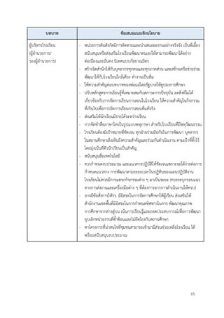 65
บทบาท ข้อเสนอแนะเชิงนโยบาย
ผู้บริหารโรงเรียน
(ผู้อำนวยการ/
รองผู้อำนวยการ)
- หน่วยการต้นสังกัดมีการติดตามและนำเสนอผลงานอย่างจริงจัง เป็นพี่เลี้ยง
สนับสนุนหรือส่งเสริมโรงเรียนพัฒนาตนเองให้สามารถพัฒนาได้อย่าง
ต่อเนื่องและมั่นคง นิเทศแบบกัลยาณมิตร
- สร้างจิตสำนึกให้กับบุคลากรทุกคนและทุกภาคส่วน และสร้างเครือข่ายร่วม
พัฒนาให้กับโรงเรียนใกล้เคียง ทำงานเป็นทีม
- ให้ความสำคัญต่อบทบาทของพ่อแม่โดยรัฐบาลให้คูปองการศึกษา
- ปรับหลักสูตรการเรียนรู้ที่เหมาะสมกับสภาวะการปัจจุบัน ลดสิ่งที่ไม่ได้
เกี่ยวข้องกับการจัดการเรียนการสอนในโรงเรียน ให้ความสำคัญในกิจกรรม
ที่เป็นไปเพื่อการจัดการเรียนการสอนที่แท้จริง
- ส่งเสริมให้นักเรียนมีรายได้ระหว่างเรียน
- การจัดทำสื่อภาษาไทยในรูปแบบพหุภาษา สำหรับโรงเรียนที่มีพหุวัฒนธรรม
- โรงเรียนต้องมีเป้าหมายที่ชัดเจน ทุกฝ่ายร่วมมือกันในการพัฒนา บุคลากร
ในสถานศึกษาเล็งเห็นถึงความสำคัญและร่วมกันดำเนินงาน ตามเป้าที่ตั้งไว้
โดยมุ่งเน้นที่ตัวนักเรียนเป็นสำคัญ
- สนับสนุนสื่อเทคโนโลยี
- ควรกำหนดงบประมาณ และแนวทางปฏิบัติให้ชัดเจนเพราะจะได้ง่ายต่อการ
กำหนดแนวทาง การพัฒนาตามระยะเวลาในปฏิทินของแผนปฏิบัติงาน
โรงเรียนไม่ควรมีการแทรกกิจกรรมต่าง ๆ มาเป็นระยะ (ควรระบุกรอบแนว
ทางการส่งงานและเครื่องมือต่าง ๆ ที่ต้องการจากการดำเนินงานให้ครบ)
- อาจมีข้อสั่งการให้รร. มีอิสระในการจัดการศึกษาให้ผู้เรียน ส่งเสริมให้
สำนักงานเขตพื้นที่มีอิสระในการกำหนดทิศทางในการ พัฒนาคุณภาพ
การศึกษาจากล่างสู่บน เน้นการเรียนรู้และถอดประสบการณ์เพื่อการพัฒนา
ยุบเลิกหน่วยงานที่ซ้ำซ้อนและไม่ยึดโยงกับสถานศึกษา
- หาโครงการที่น่าสนใจที่ชุมชนสามารถเข้ามามีส่วนช่วยเหลือโรงเรียน ได้
พร้อมสนับสนุนงบประมาณ
 