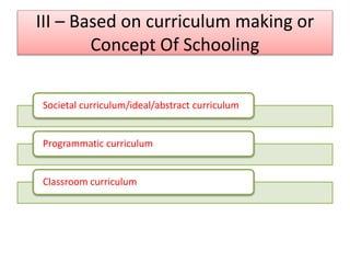 III – Based on curriculum making or
Concept Of Schooling
Societal curriculum/ideal/abstract curriculum
Programmatic curriculum
Classroom curriculum
 
