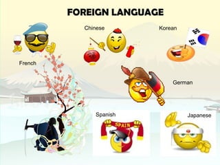 FOREIGN LANGUAGE
French
Chinese Korean
German
Spanish Japanese
 