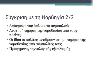 Σύγκριση με τη Νορβηγία 2/2
• Απόθξπςε ηνπ όπινπ ζην πεξηπνιηθό
• Απζηεξή ηήξεζε ηεο λνκνζεζίαο από ηνπο
πνιίηεο
• Οη ίδηνη νη πνιίηεο αληηδξνύλ ζηε κε ηήξεζε ηεο
λνκνζεζίαο από ζπκπνιίηεο ηνπο
• Πξνεγκέλνο ηερλνινγηθόο εμνπιηζκόο

 