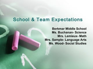 School & Team Expectations
Berkmar Middle School
Ms. Buchanan- Science
Mrs. Lemieux- Math
Mrs. Sample- Language Arts
Ms. Wood- Social Studies
 
