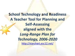 School Technology and ReadinessA Teacher Tool for Planning and Self-Assessingaligned with theLong-Range Plan for Technology, 2006-2020http://starchart.esc12.net/ 